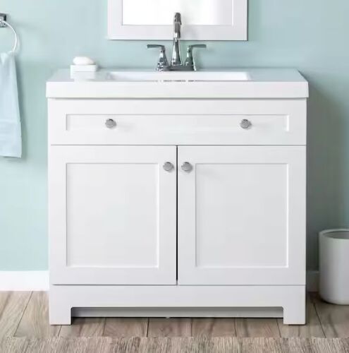 Glacier Bay Everdean 37 in. Single Sink White Bath Vanity with White Cultured Marble Top - Drawer Face Needs Re-Attached - Lot 80JF