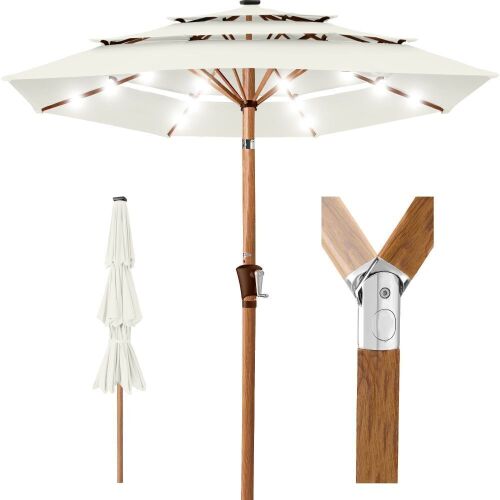 3-Tier Woodgrain Pattern Solar Patio Umbrella, Tilt Adjustment - 10ft - Lot 776