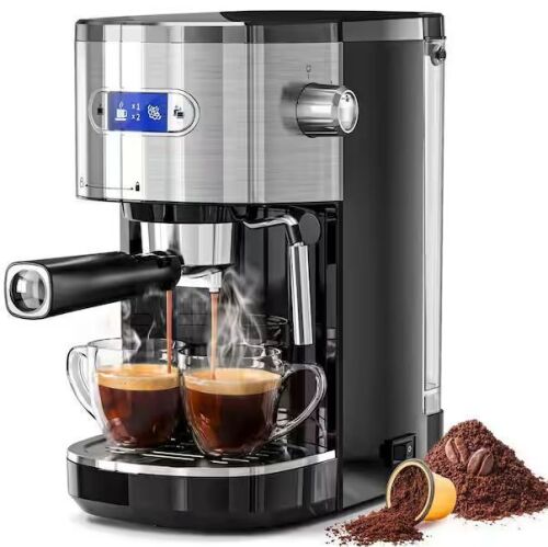 2 Cups Stainless Steel Coffee Maker with Milk Frother Steam Wand, 45 oz. Removable Water Tank for Cappuccino - Lot 173JF