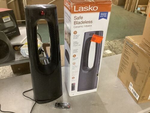 Lasko Bladeless 1500W 28 in. Black Electric Oscillating Tower Ceramic Space Heater with Remote Control and Digital Display - Lot 596JF