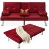 Faux Leather Upholstered Convertible Sofa Bed Futon w/ 2 Cupholders - Thumbnail 1