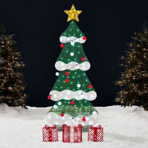 6ft Lighted 2D Christmas Tree Outdoor Decor w/ 170 LED Lights, 3 Gift Boxes - Lot 383