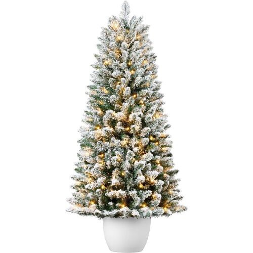 6' Pre-Lit Potted Flocked Christmas Tree w/ Twinkling White LEDs - Lot 554