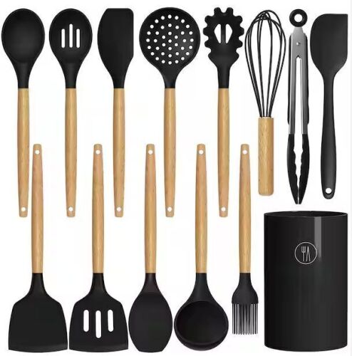 14 Pack Heat-Resistant Cooking Utensils Set, BPA-Free Food-Grade Silicone, Non-Stick Cookware Safe, Wood Handle, Black - Lot 821JF