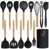 14 Pack Heat-Resistant Cooking Utensils Set, BPA-Free Food-Grade Silicone, Non-Stick Cookware Safe, Wood Handle, Black - Thumbnail 1