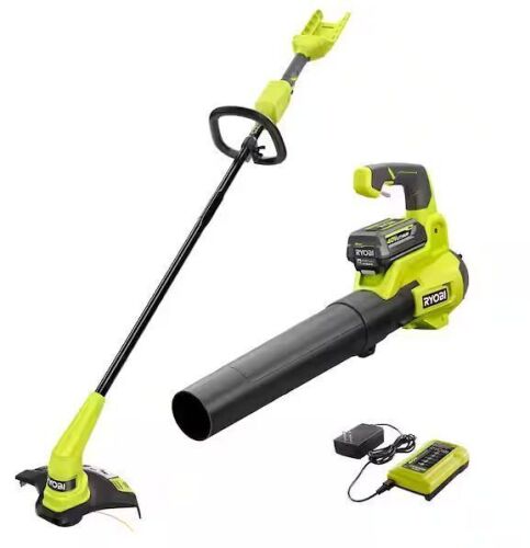 RYOBI 40V Cordless Battery 12 in. String Trimmer and 450 CFM 120 MPH Blower Combo Kit 2-Tools with 4.0 Ah Battery and Charger - Lot 53JF