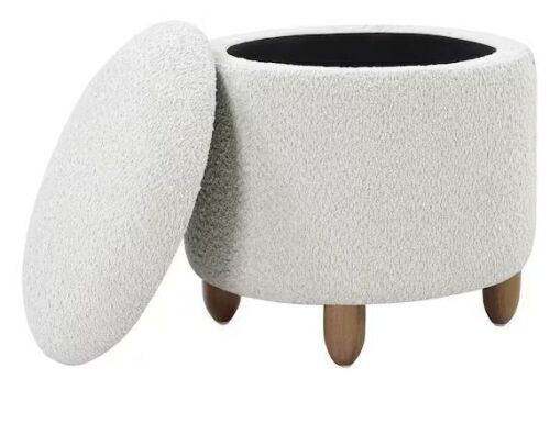 OSP Home Furnishings Lyra Storage Ottoman in Sherpa Parchment Fabric with Medium Oak Legs - Lot 839JF