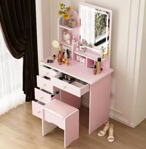 FUFU&GAGA 5-Drawer Pink Makeup Vanity Dressing Table Set with Stool, Mirror, LED Light and 3-Tier Storage Shelves - Lot 46JF