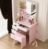 FUFU&GAGA 5-Drawer Pink Makeup Vanity Dressing Table Set with Stool, Mirror, LED Light and 3-Tier Storage Shelves - Thumbnail 1