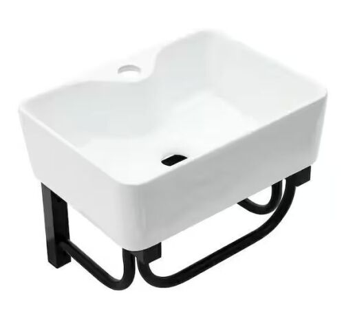 LORDEAR 16 in. White Wall Mount Rectangular Bathroom Ceramic Console Sink with Towel Rack Single Faucet Hole - Lot 899JF