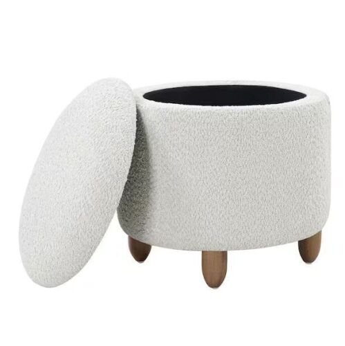 OSP Home Furnishings Lyra Storage Ottoman in Sherpa Parchment Fabric with Medium Oak Legs - Lot 919JF