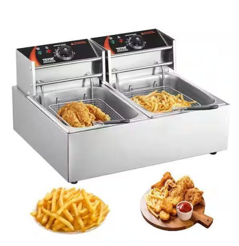 VEVOR Commercial Electric Countertop Deep Fryer 18.2 qt. 3000 Watt Stainless Steel Dual Deep Fryer, Silver - Lot 35JF