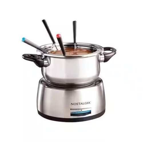 Nostalgia Electric Stainless Steel Fondue Pot, 6-Cup, with Temperature Control, 6 Forks, and Removable Pot - Lot 934JF