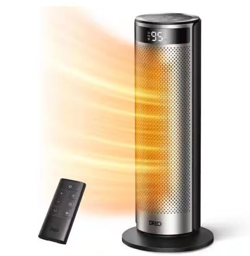 DREO 1500-Watt 20 in. Indoor Portable Ceramic Convection Electric Space Heater, 70° Osc w/Remote, 3-Heat Levels in Silver - Lot 950JF