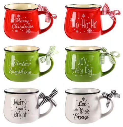 6-Piece Christmas Coffee Mugs Set for Holiday Drinks, 12 oz. Red Ceramic Holiday Mugs for Hot Cocoa, Home Office - Lot 7