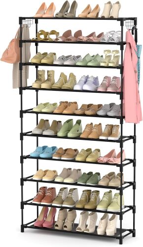 LANTEFUL 10 Tiers Shoe Rack Large Capacity Tall Shoe Organizer Sturdy Shoe Storage with Two Hooks Space Saving Metal Wide Shoe Rack for Closet, Entryway, Bedroom - Lot 6374