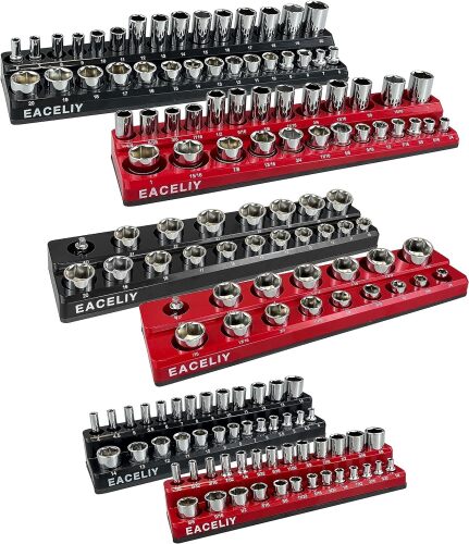 6-Piece Magnetic Socket Organizer Set, 1/2", 1/4" and 3/8" SAE & Metric Deep & Shallow Socket Holder Kit, holds 141 stanard Sockets, attaches to steel box/tool cart (sockets not included) - Lot 6386