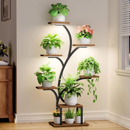 Plant Stand Indoor with Grow Lights, 7 Tiered Indoor Plant Shelf, 49" Corner Plant Stands for Indoor Plants, Metal Plant Flower Display Shelf, Tree-Shaped Plant Rack for Home, Patio, Brown - Lot 6919