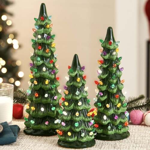 Set of 3 XL Pre-Lit Ceramic Tabletop Christmas Trees - Lot 7006