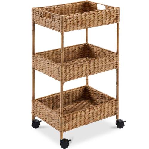 3-Tier Water Hyacinth Rolling Utility Cart w/ Weaved Baskets Natural - Lot 7012