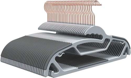 50-Pack Slim S-Shaped Plastic Hangers with Non-Slip Grips – Space-Saving Gray Hangers for Delicate Necklines, Fits Shirts, Dresses & Coats in Closet/Dorm Organizers - Lot 7045