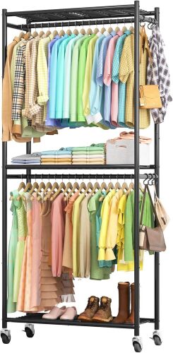 Clothing Rack with Shelves & Wheels, Multi-Functional Wardrobe Closet with Hooks, Sturdy Metal Garment Rack for Bedroom, Laundry, Balcony - Lot 7109