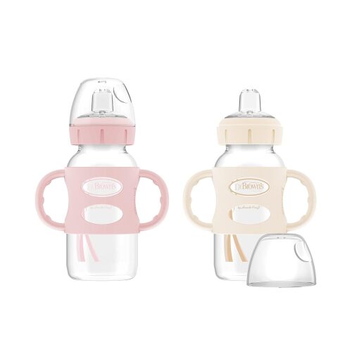 Dr. Brown's Milestones Wide-Neck Sippy Spout Bottle with 100% Silicone Handles, Easy-Grip Handles with Soft Sippy Spout, 9oz/270mL, Light-Pink & Ecru, 2-Pack, 6m+ - Lot 7112