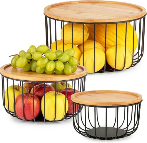 Fruit Basket for Kitchen Counter Set of 3 - Large Stackable Baskets with Bamboo Lid - Perfect Holder For Fruit and Vegetable Storage - Keep Your Countertop Classy, Tidy and Slightly Fruity! - Lot 7113