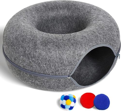 Large Cat Tunnel Bed for Indoor Cats with 3 Toys, Scratch Resistant Donut Cat Bed, Up to 30 Lbs - Lot 7120