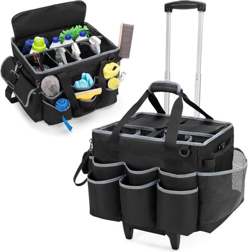 HODRANT Large Cleaning Caddy with Detachable Trolley & Shoulder Strap, Cleaning Supplies Bag with Handles & Support Plates, Cleaning Product Rolling Organizer for Car Wash and Housekeeping - Lot 7126