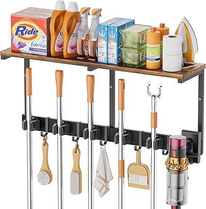 Broom Holder Wall Mount with Cleaning Supplies Organizer - Lot 7131