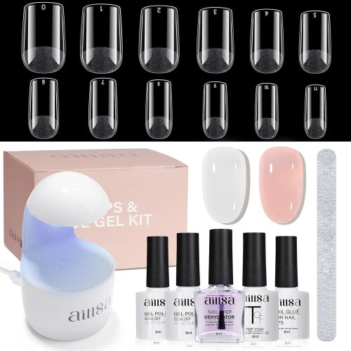 Gel Nail Tips Kit Short Square Nail Tips 240pcs with 2 In 1 Nail Glue Base Coat and Nail Dehydrator, Nail Extension Kit with Nail Lamp Top Coat for Starters Home Salon - Lot 7132