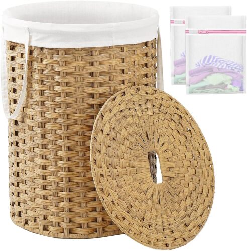 Laundry Basket with Lid Round Rattan Laundry Hamper with Lid and Handles 29.1 Gal (110 L) Handwoven Woven Basket with Removable Bags and 2 Mesh Bags for Bathroom Living Room - Lot 7133