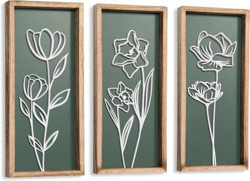 3D Floral Green Wall Art (Set of 3) Lightweight, Wooden Ready-to-Hang Boho Framed Wall Art for Bathroom, Master Bedroom, Living Room or Office - Lot 7135