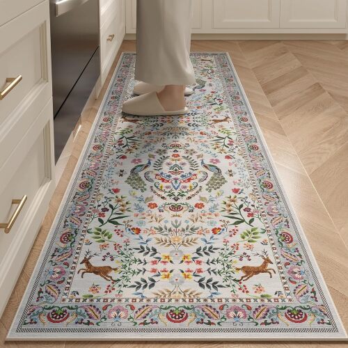Runner Rug Washable Kitchen Runner Rug for Entryway Indoor Floral Non-Slip Soft Carpet Runner for Hallways, Kitchen, Laundry, Bedroom, Bathroom - Lot 7144