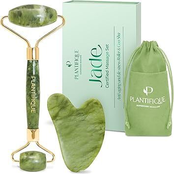 PLANTIFIQUE Jade Roller & Gua Sha Set – Real Jade Facial Tools for Skin Care Routine – Certified Face Massager for Radiant Skin - Lot 7163
