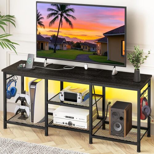 YGEOMER Black TV Stand Entertainment Center for 55 Inch TVs, with Charging Station and Lights Open Storage Shelves, TV Media Console, Open Storage Shelf with Sound Rack for Living Room, Bedroom - Lot 7168
