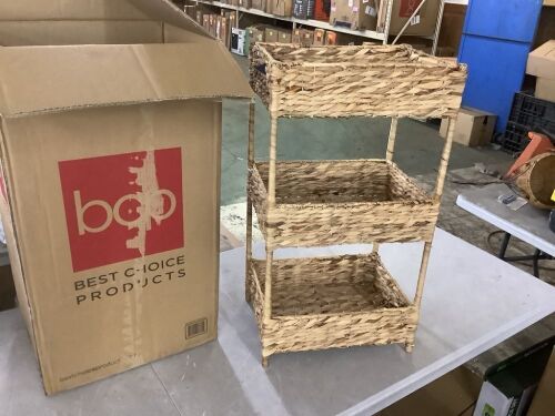 3-Tier Water Hyacinth Rolling Utility Cart w/ Weaved Baskets Natural - Missing Wheels - Lot 505
