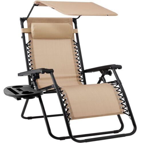Folding Zero Gravity Recliner Patio Lounge Chair w/ Canopy, Side Tray - Lot 611