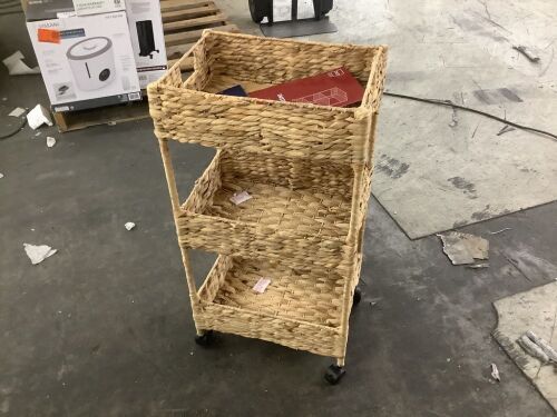 3-Tier Water Hyacinth Rolling Utility Cart w/ Weaved Baskets Natural - Lot 618