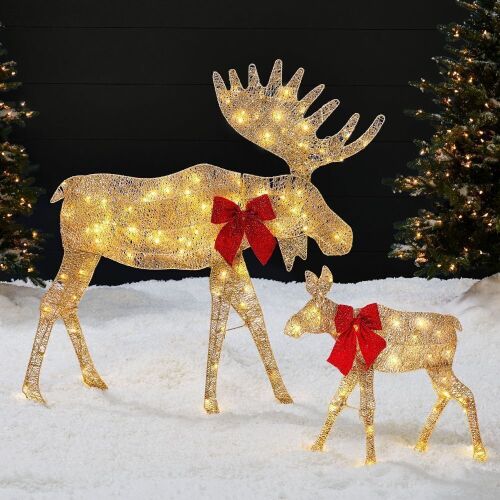 2-Piece Lighted 2D Christmas Moose Set Outdoor Decor w/ 125 LED Lights - 4ft - Lot 740