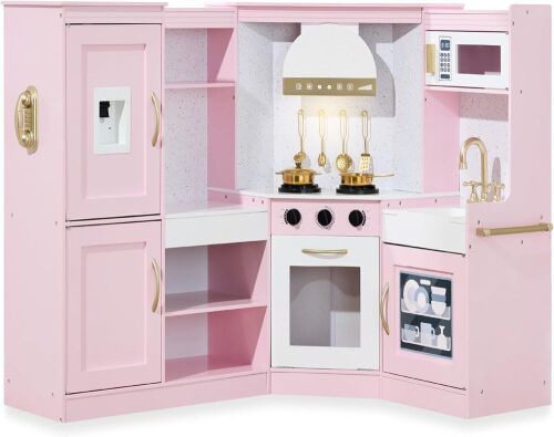 Pretend Play Corner Kitchen Wooden Toy Set for Kids w/ Lights, Sounds - Lot 809