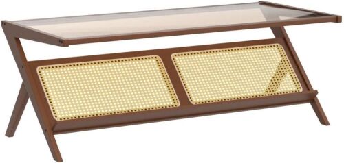 Bamworld Mid-Century Modern Coffee Table with Glass Top Rattan Center - Lot 93