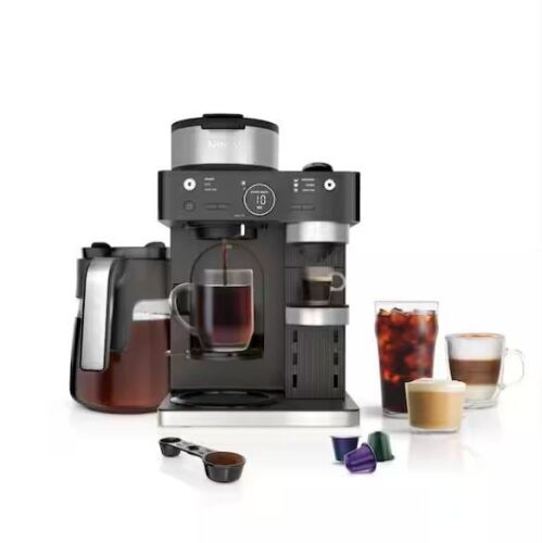 NINJA Espresso and Coffee System, Single-Serve and Nespresso Capsule Compatible, 12- Cup Black Stainless Steel Coffee Maker - Lot 78JF
