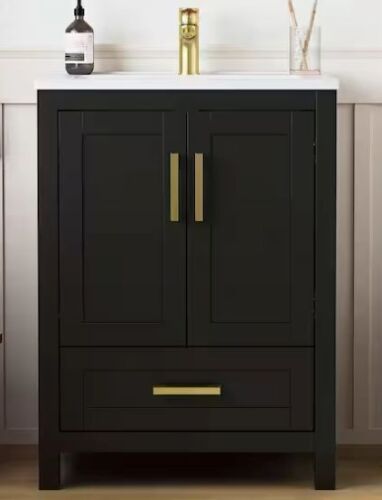 DELUXE LIVING Raven 25 in.W Single Sink Black Freestanding Bath Vanity with White Engineered Solid Surface Top - Lot 74JF