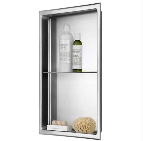 AKDY 12 in. W x 24 in. H x 4 in. D Stainless Steel Double Shelf Bathroom Shower Wall Niche in Brushed Stainless Steel - Lot 849JF