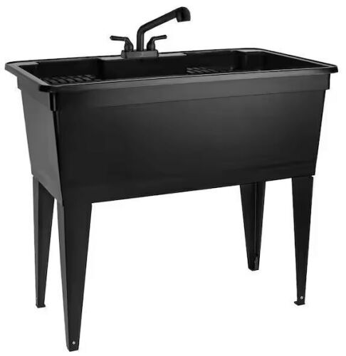 TEHILA 23.75 in. D x 39.5 in. W 37-Gallon Freestanding Laundry/Utility Sink in Black with Black Pull-Out Faucet - Lot 66JF