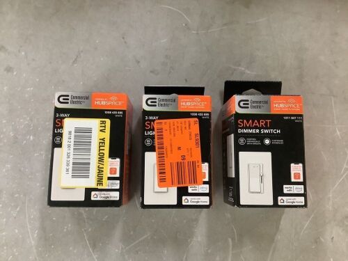 Lot of (2) Commercial Electric 10 Amp 3-Way Smart Home Specialty Light Switch with Wi-Fi and Bluetooth Technology & (1) Commercial Electric White Smart Paddle Dimmer for CFL, Halogen, Incandescent, LED - Lot 869JF