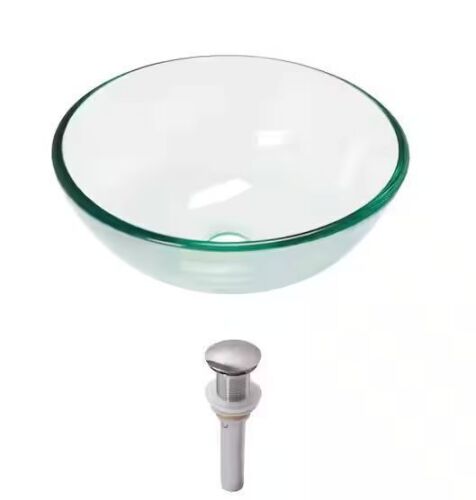 LORDEAR 14 in. Above Counter Round Bathroom Vessel Sink Bowl in Clear Glass with Faucet Drain - Lot 872JF