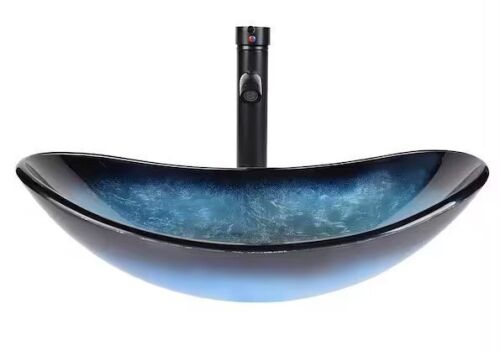 Bathroom Oval Glass Vessel Sink with Faucet in Ocean Blue - Lot 888AJF